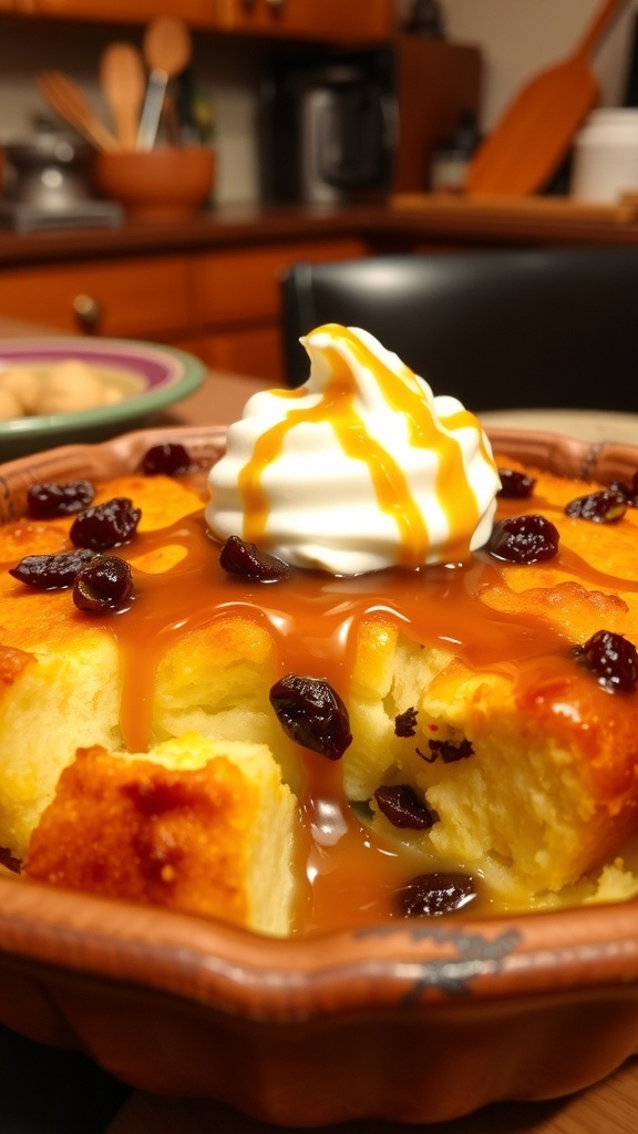 A warm bowl of sourdough bread pudding topped with caramel sauce and whipped cream, set in a rustic kitchen.